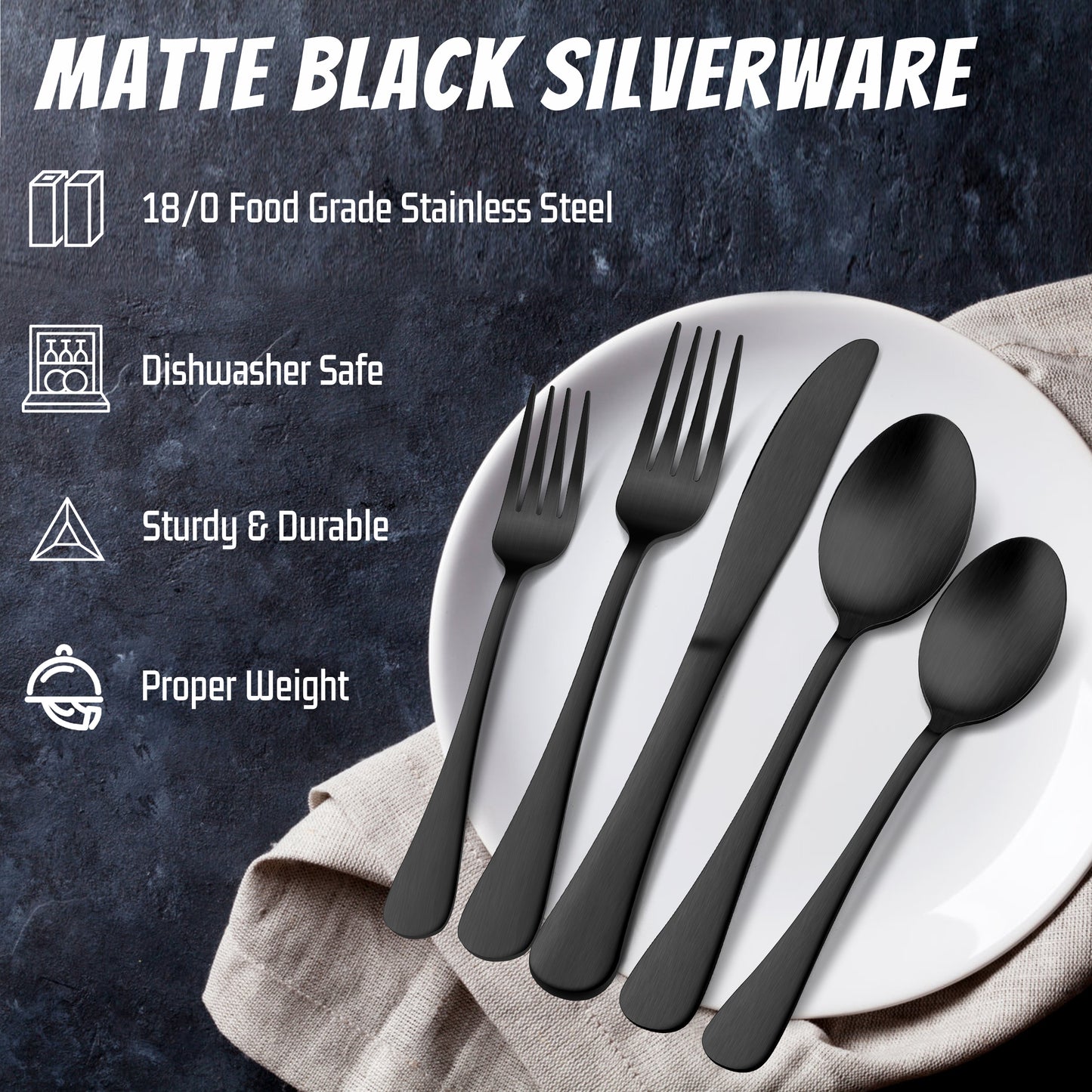 Vesteel 20 Piece Stainless Steel Matte Black Silverware Flatware Cutlery Set for 4, Satin Finish & Dishwasher Safe
