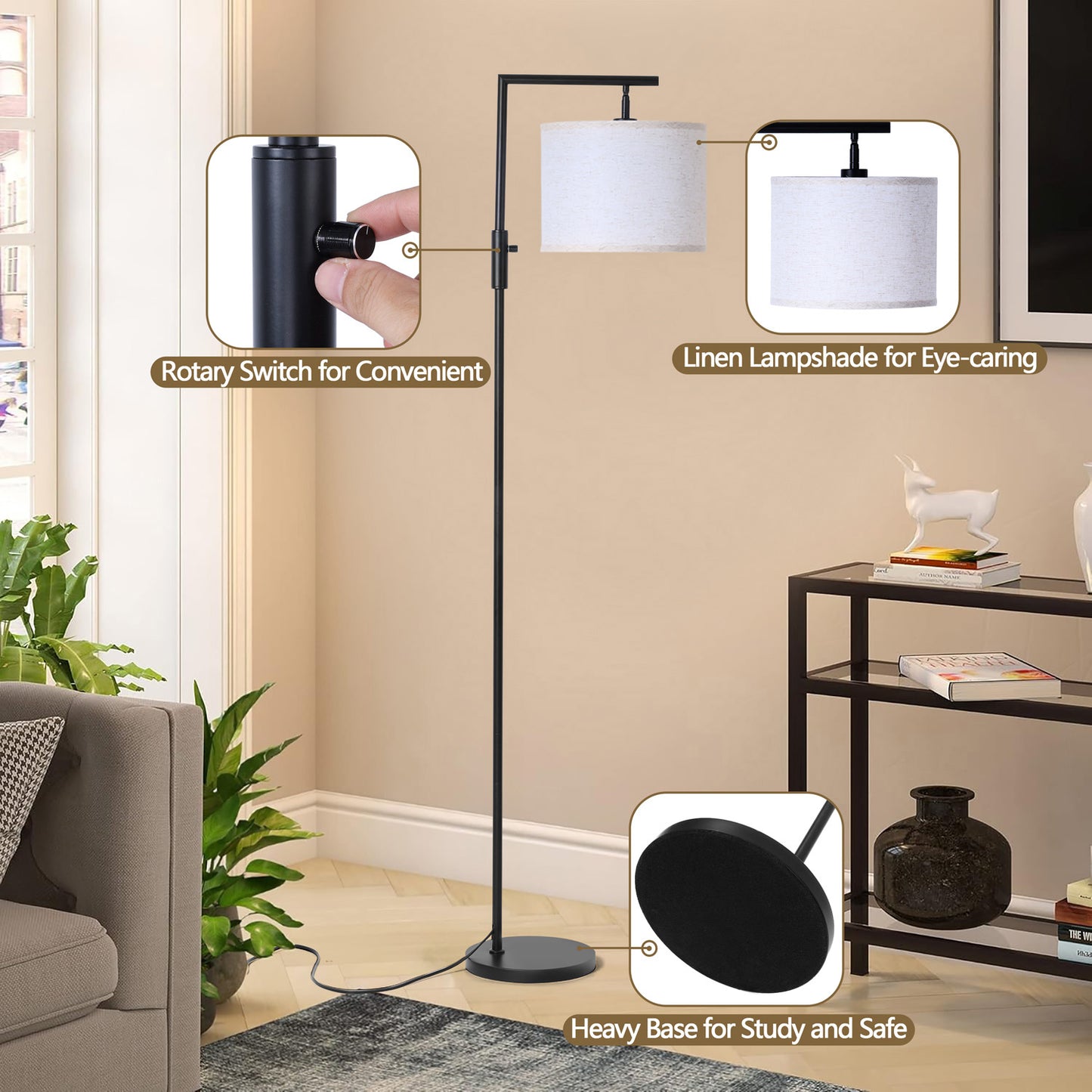 Vesteel Floor Lamp for Living Room, Modern Standing Lamp with 3 Color temperature Bulb & Linen Lampshade, Adjustable Lamp Head for Study Room Bedroom Office