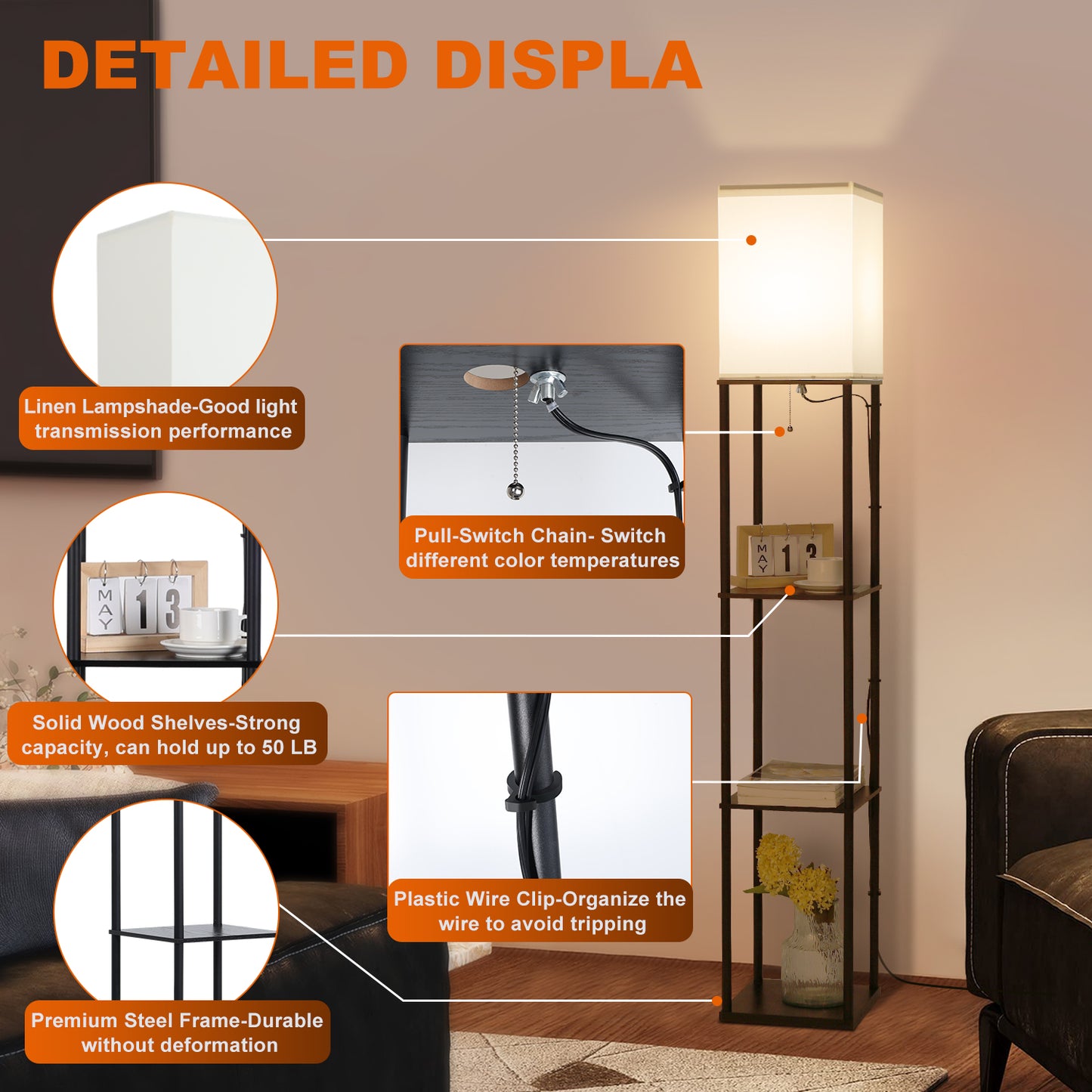 Vesteel Floor Lamp with 3-Tier Shelves, Standing Lamp with 3 Color Adjustable LED Bulb, Modern Square Lamp for Living Room Bedroom Office Kid Room