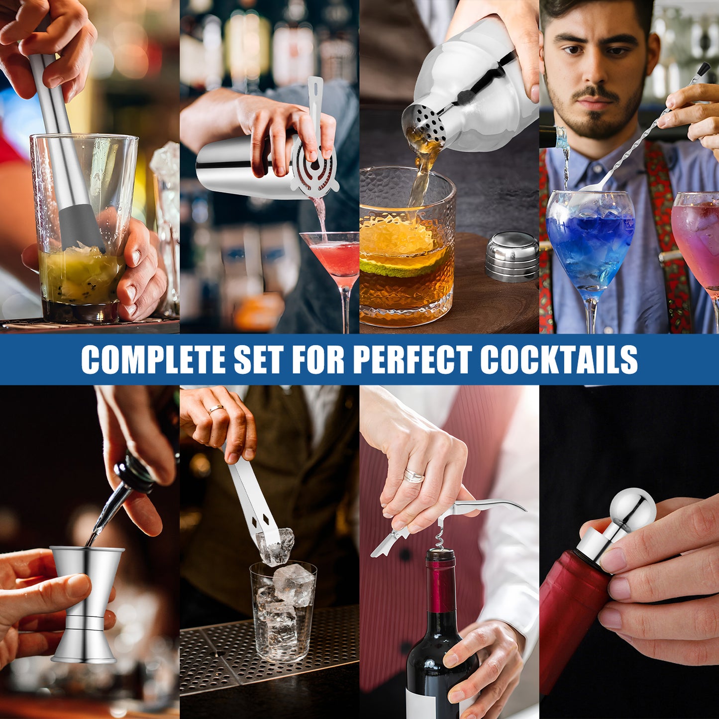 Vesteel 13-Piece Cocktail Shaker Set, Mixology Bartender Kit with Bamboo Stand, Bar Tool Set for Cocktail with Shaker, Jigger & Muddler, Bar Set, Silver
