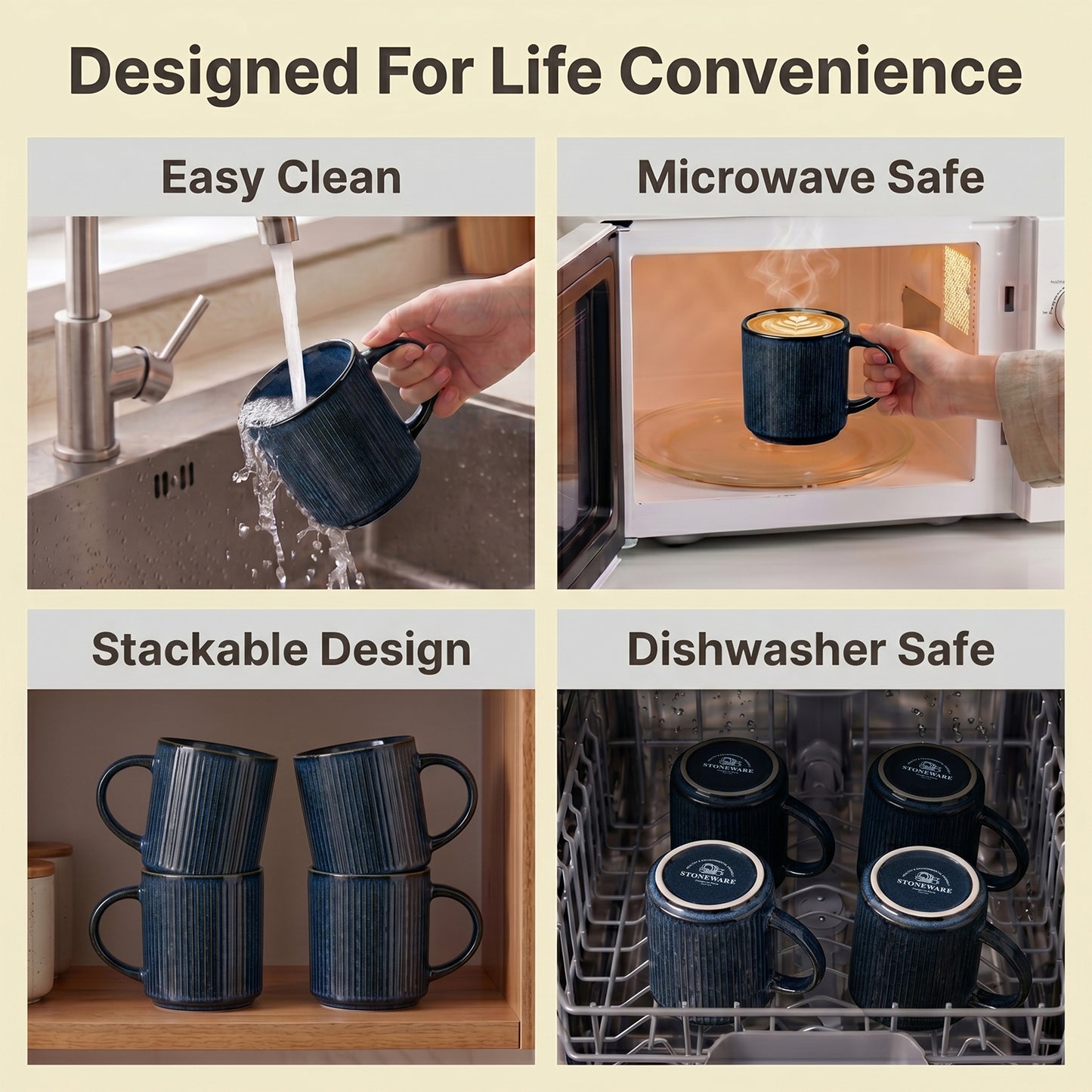 Onader 4-Pieces Coffee Mugs Set, Water Cups with Large Handle, 12 oz Ceramic Mugs Suitable for Tea Milk Latte, Stain-Resistant & Microwave Safe, Starry Blue