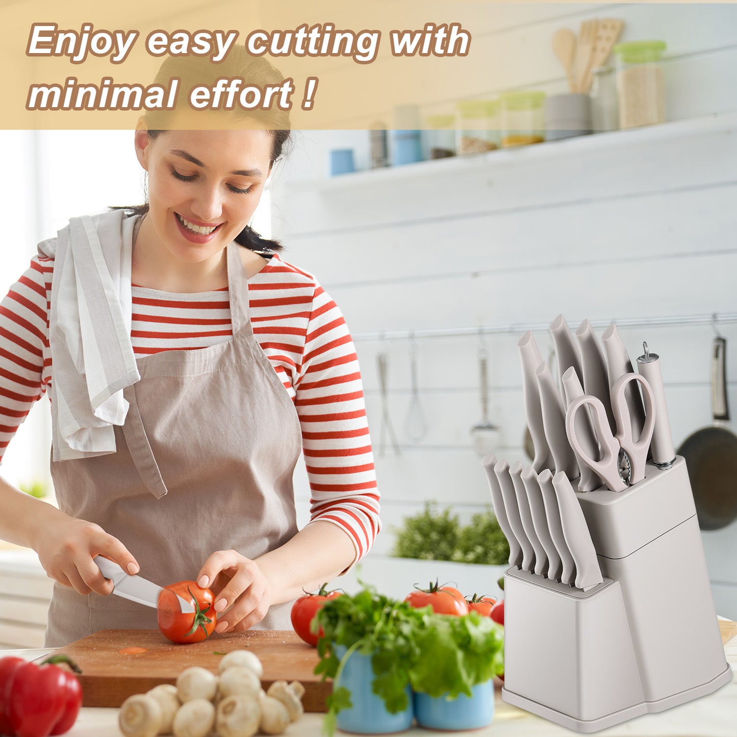Vesteel Knife Set for Kitchen with Block, 15 Pcs Stainless Steel Kitchen Knife Set with Self Sharpening - Khaki
