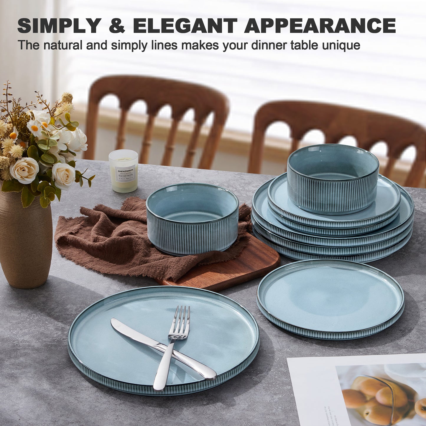 Vesteel Dinnerware Set for 4, 12-Piece Premium Stoneware Ribbed Dishes with Reactive Glaze, Chip & Scratch Resistant Plates and Bowls Set for Home Restaurant, Microwave Safe - Smoky Blue