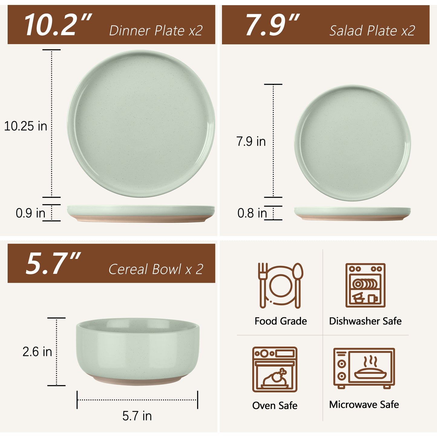 Vesteel Stoneware Dinnerware Sets for 2, 6 Pieces Ceramic Plates and Bowls Sets, Elegant Dishes with Rustic Terracotta Base, Dishwasher & Microwave Safe, Scratch Resistant, Light Green