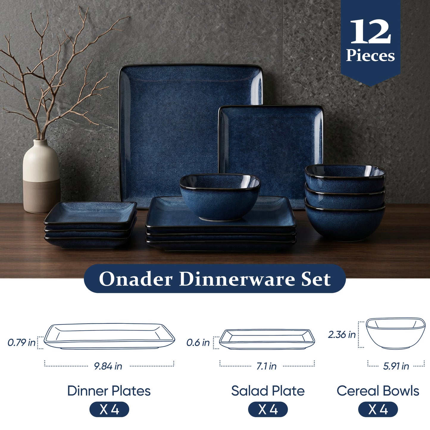 Onader 12 Piece Dinnerware Sets, Reactive Glaze Plates and Bowls Set for 4, Dishes Sets Serve for Steak Salad Soup, Scratch Resistant & Microwave Safe, Starry Blue