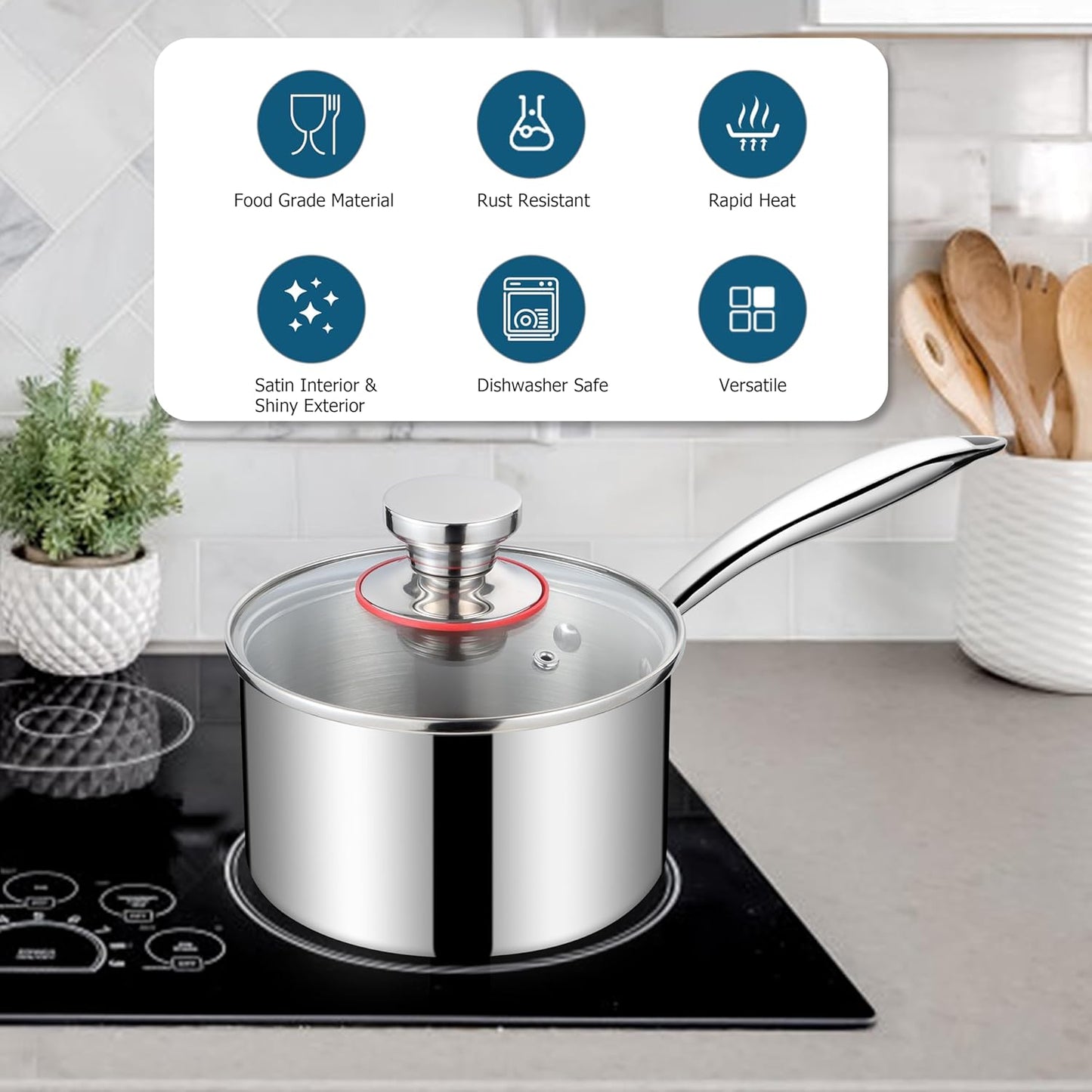 Vesteel 3 Quart Saucepan with Lid, Tri-Ply Stainless Steel Sauce Pan, 3qt Small Induction Cooking Pot with Ergonomic Handle, Small Pan for Making Sauce, Warming Milk, Boiling Eggs, Dishwasher Safe