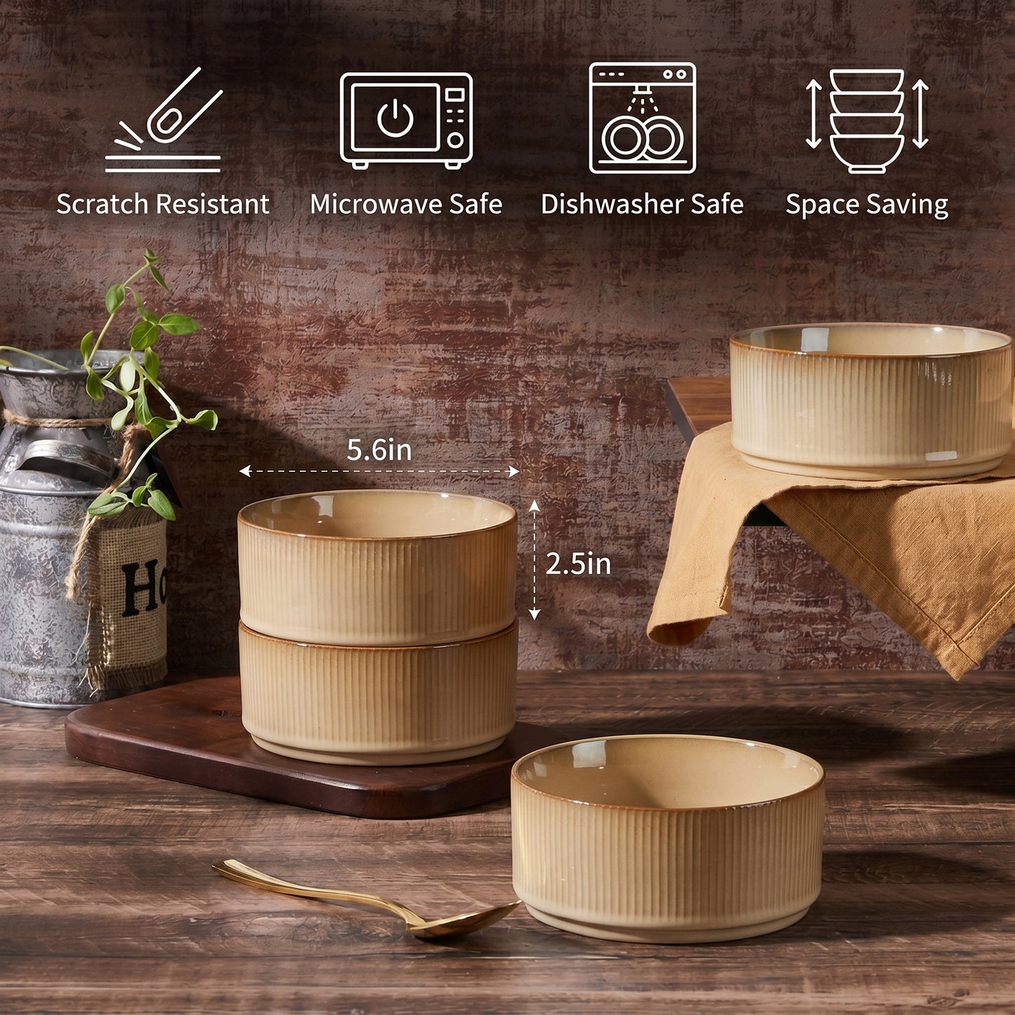 Vesteel Cereal Bowl for 4, 26oz Stoneware Soup Bowls with Textured Stripes, 4-Piece Ceramic Kitchen Bowls for Salad Fruit Pasta Soup, Dishwasher Safe & Microwave Safe, Khaki