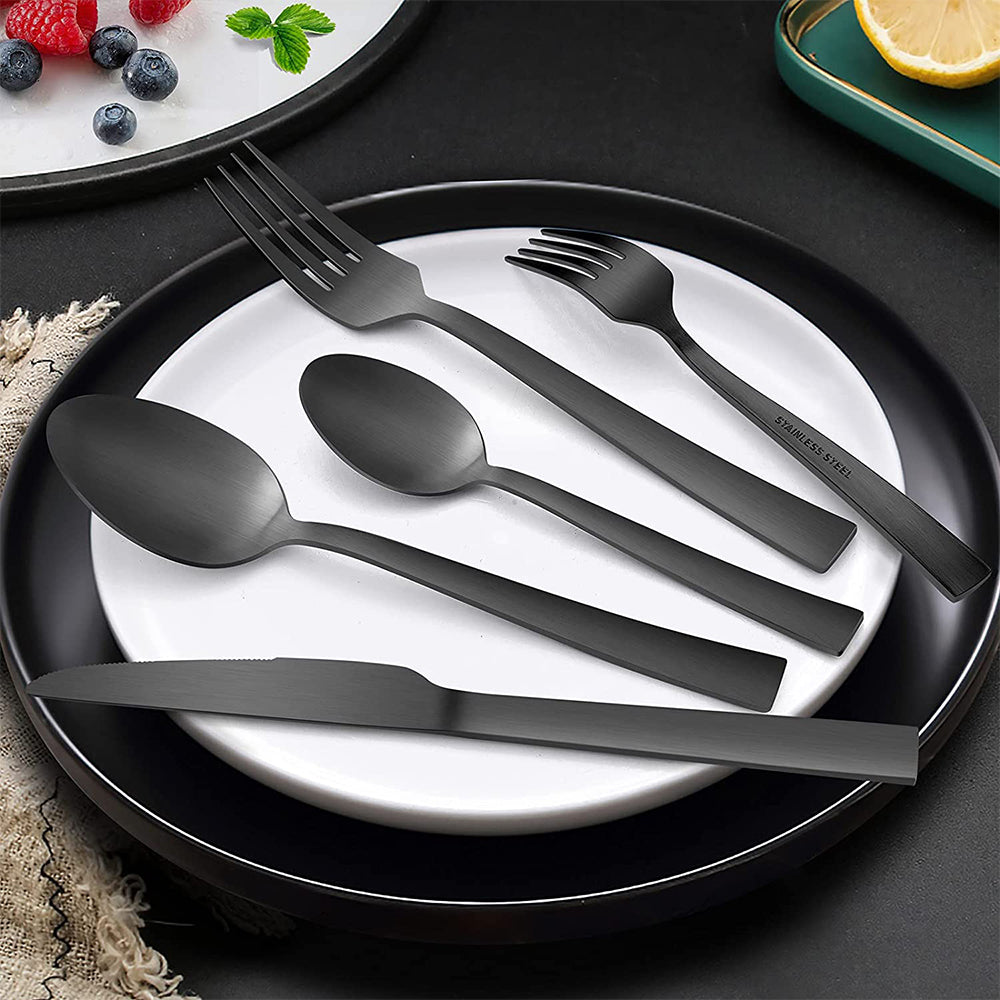 VeSteel 60-Piece Matte Black Silverware Set, Stainless Steel Flatware Set Service for 12, Metal Cutlery Eating Utensils Tableware Includes Forks/Spoons/Knives, Square Edge