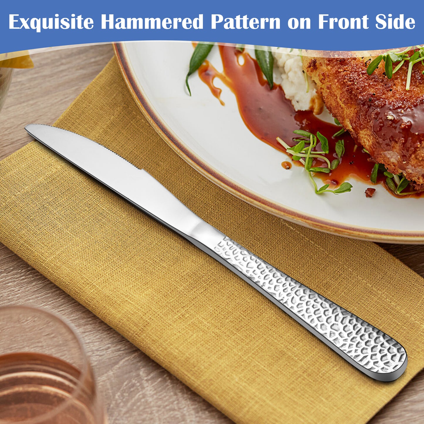 Vesteel 12-Piece Dinner Knives Set, 8.9 inch Stainless Steel Hammered Table Cutlery Knife Set, Mirror Finish & Dishwasher Safe