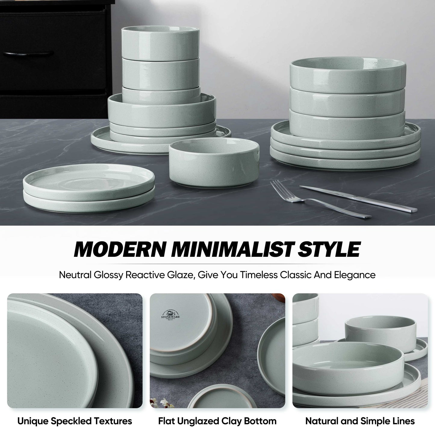 Vesteel 16 Pieces Dinnerware Sets, Premium Stoneware Dishes Set for 4, Speckled Plates and Bowls Set for Home Restaurant, Microwave and Dishwasher Safe - Mist Grey