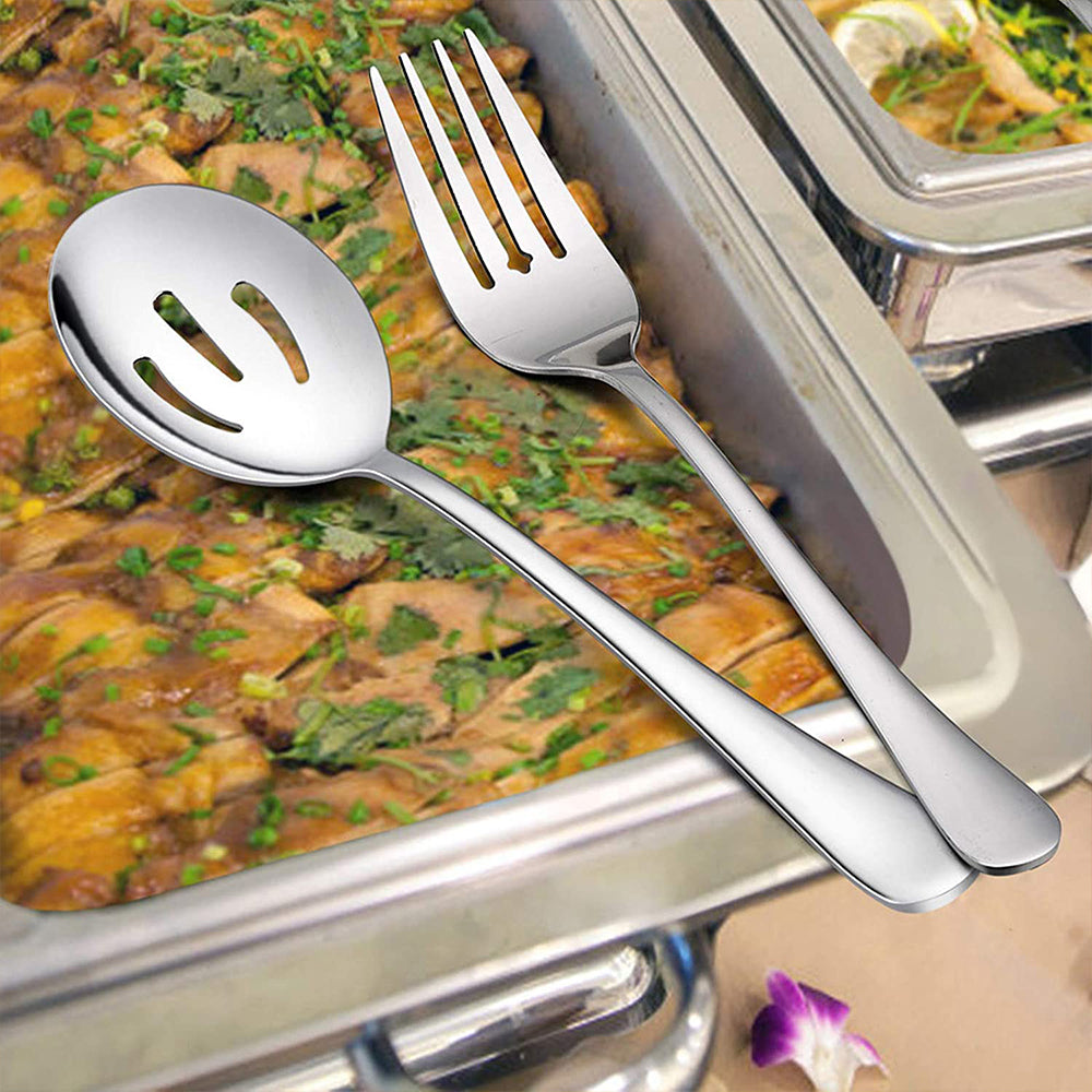 VeSteel 12-Piece Stainless Steel Serving Utensils, Include 3 Large Serving Spoons, 3 Slotted Serving Spoons, 3 Serving Forks, 3 Serving Tongs
