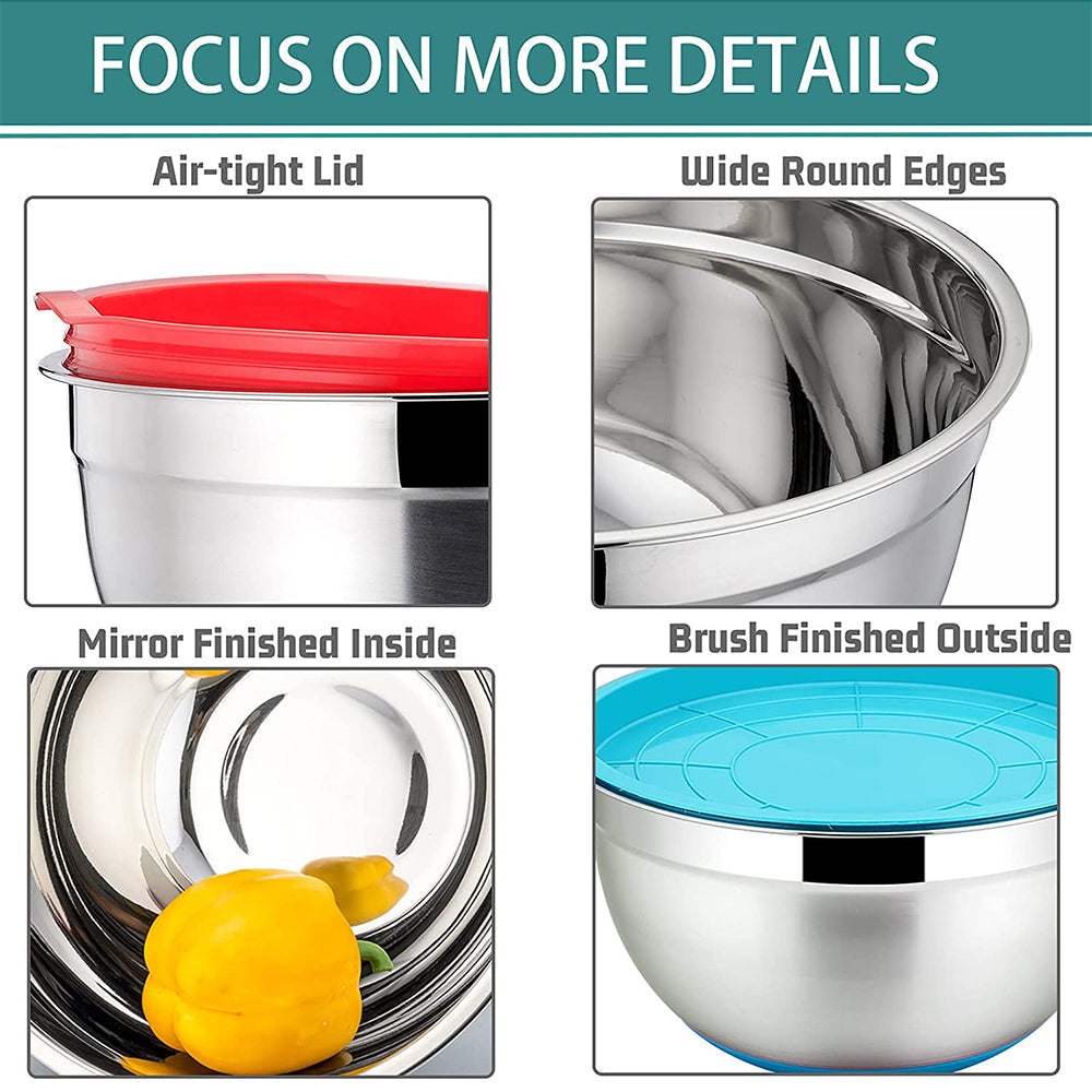 VeSteel Mixing Bowls With Lids, Set of 6, Stainless Steel Nesting Mixing Bowls & Fitting Lids & Non-Slip Silicone Bottom, Ideal for Mixing, Storing, Food Preparation,6 Sizes 0.7/1/1.5/2/2.6/4.6 Qt
