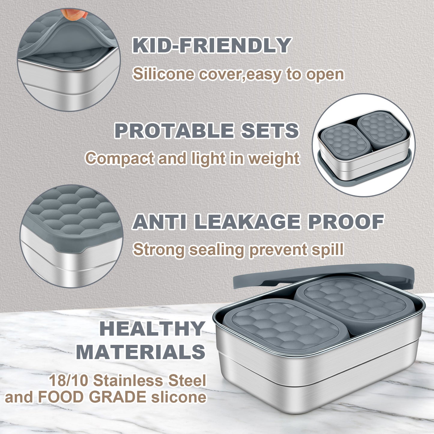 Vesteel Stainless Steel Lunch Container Set, Leak Proof Bento Box with Silicone Lids, Portable Metal Lunch Box for School and Daycare(25OZ + 8OZ*2), Grey