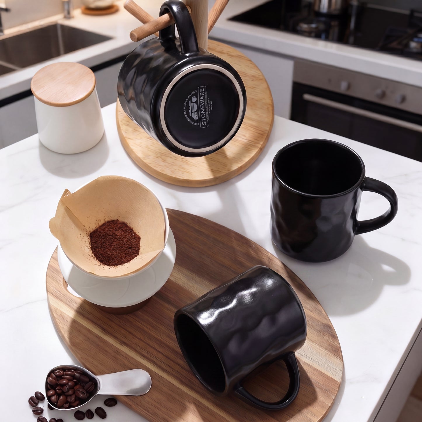 Onader 14OZ Coffee Mugs Set of 4, Stoneware Tea Cup Set with Handle, Premium Glaze Cups for Latte/Cocoa/Cappuccino, Dishwasher & Microwave Safe - Matte Black
