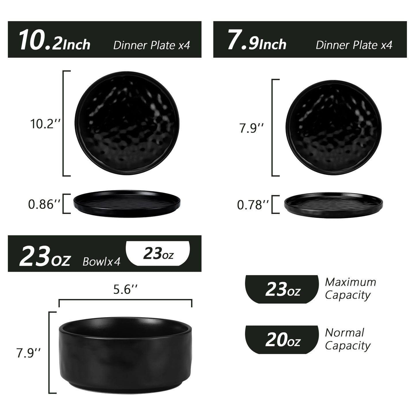 Vesteel Dinnerware Sets, 12-Piece Stoneware Plates and Bowls Set, Dishes Set for 4, Elegant Ceramic Dinnerware for Home Restaurant - Matte Black