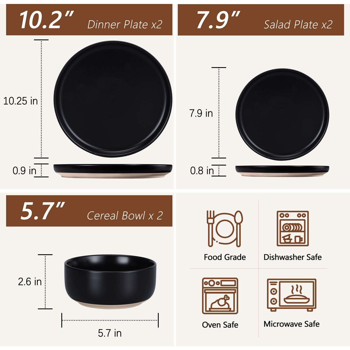 Vesteel Stoneware Dinnerware Sets for 2, 6 Pieces Ceramic Plates and Bowls Sets, Elegant Dishes with Rustic Terracotta Base, Dishwasher & Microwave Safe, Scratch Resistant, Matte Black