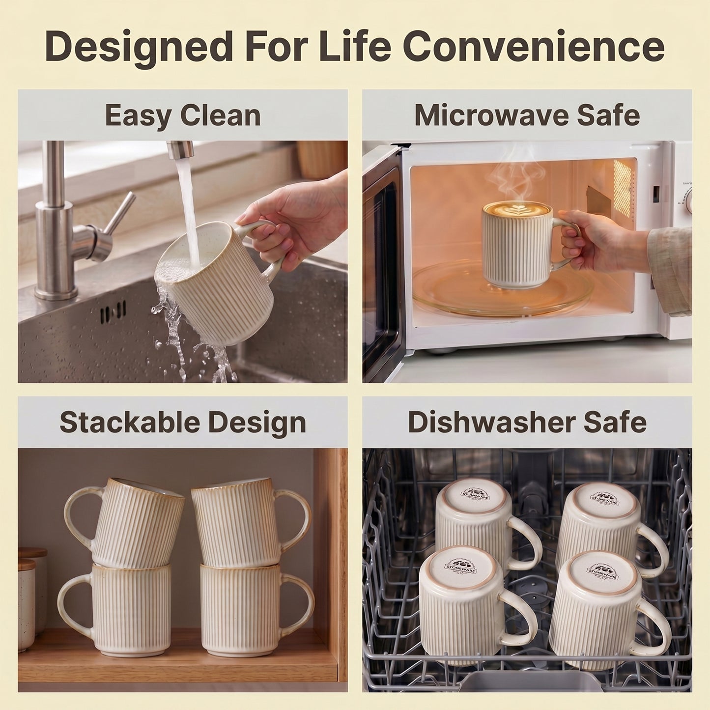 Onader 4-Pieces Coffee Mugs Set, Water Cups with Large Handle, 12 oz Ceramic Mugs Suitable for Tea Milk Latte, Stain-Resistant & Microwave Safe, Beige