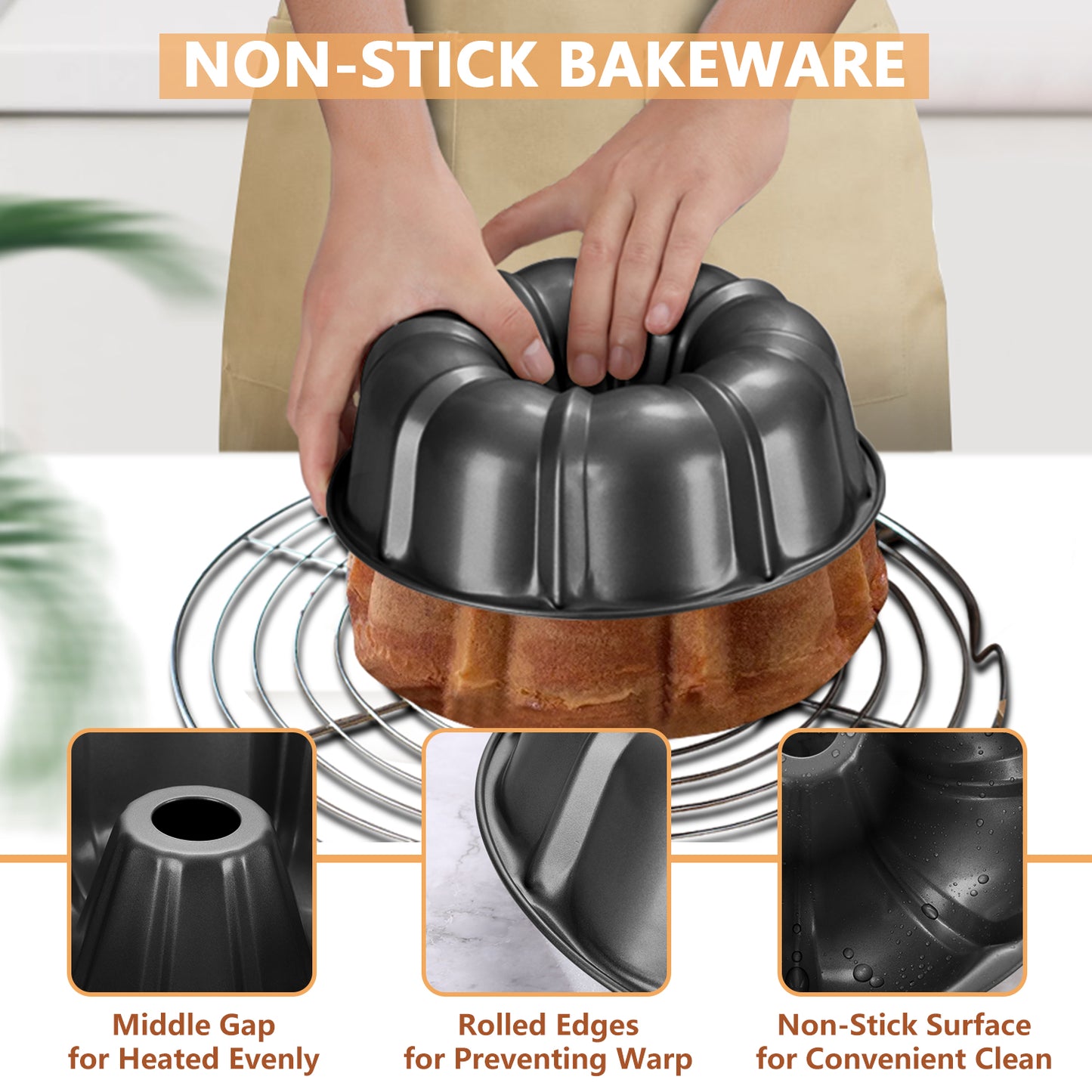 Vesteel 10” Bundt Cake Pan, Non-Stick Pan for Baking Brownie Flan Meatloaf, Carbon Steel Bakeware with Tube for Birthday Wedding Events, Heavy Duty & Durable - Grey