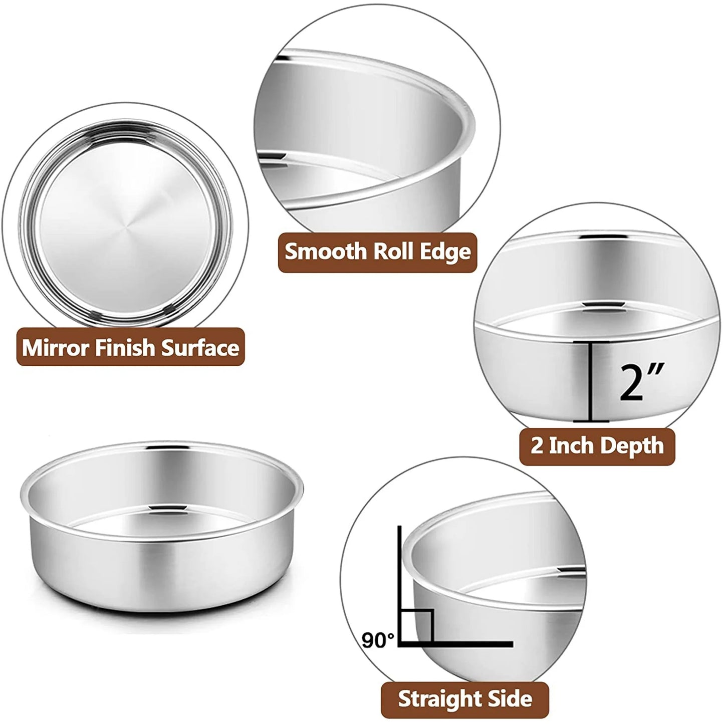 6 inch Cake Pan Set of 4, VeSteel Stainless Steel Round Cake Baking Pans, Mirror Finish & Dishwasher Safe