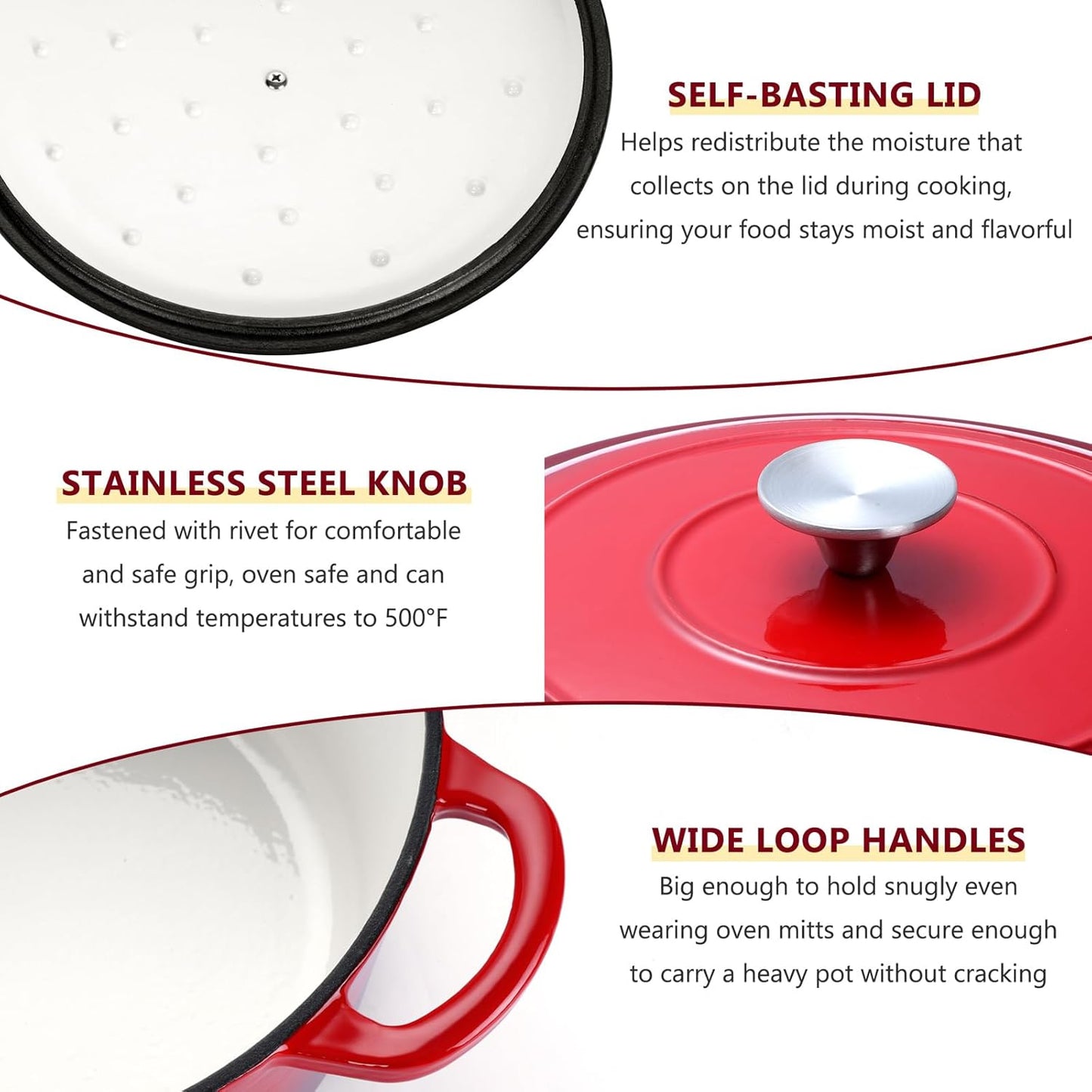 Vesteel Enameled Cast Iron Dutch Oven with Lid, 6 Quart Round Dutch Oven Pot Nonstick Cookware for Braising, Stews, Roasting, Bread Baking, Cooking, Heavy Duty, Induction & Oven Safe - Red