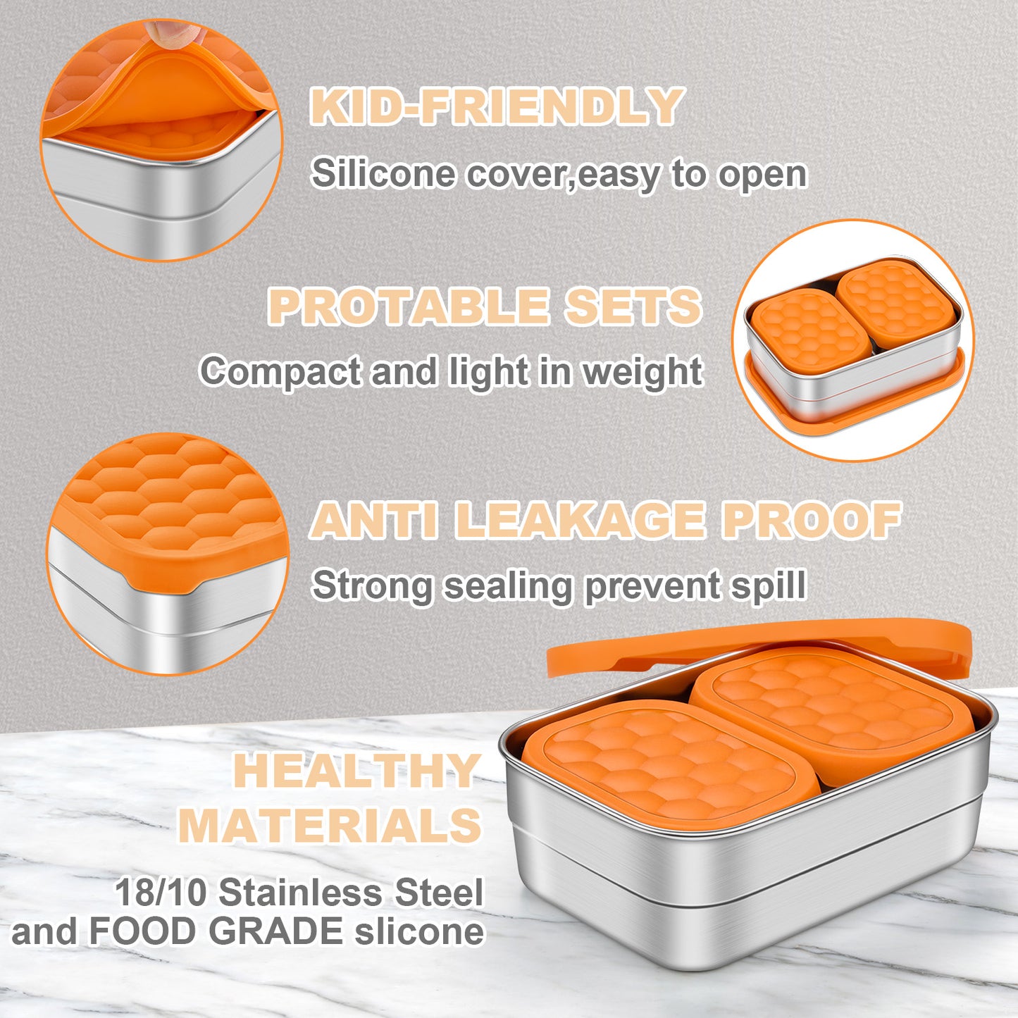 Vesteel Stainless Steel Lunch Container Set, Leak Proof Bento Box with Silicone Lids, Portable Metal Lunch Box for School and Daycare(25OZ + 8OZ*2), Orange