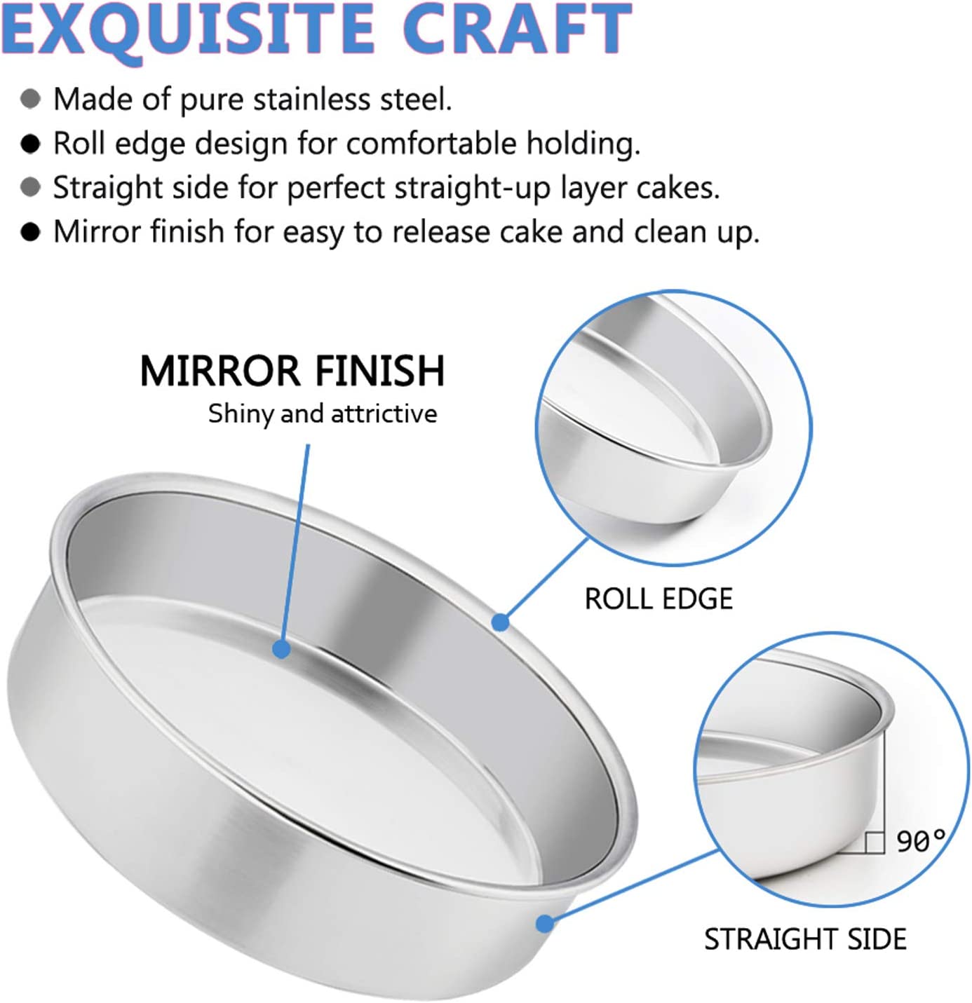 Vesteel 8 inch Cake Pan Set of 4, Stainless Steel Round Layer Cake Baking Pans, Non-Toxic & Healthy, Mirror Finish & Dishwasher Safe