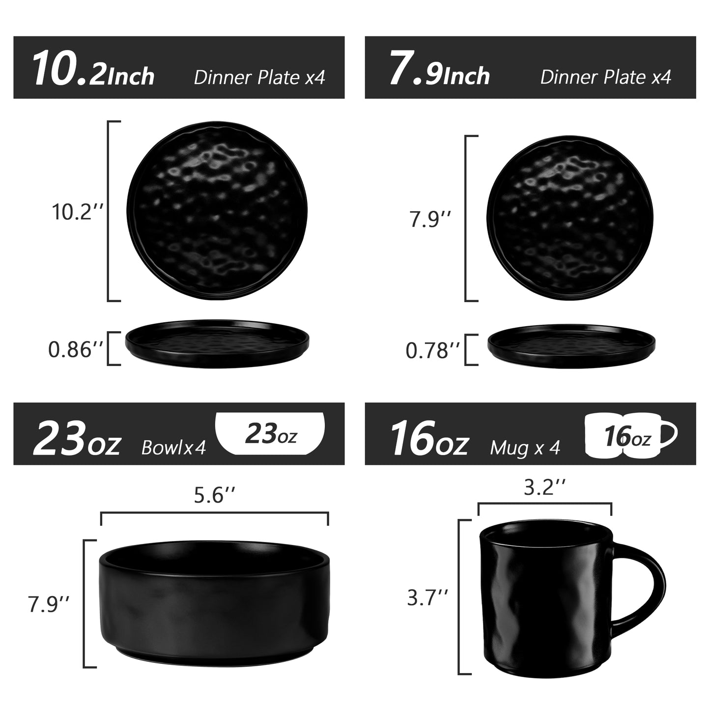 Vesteel 16-Piece Dinnerware Sets, Stoneware Dish and Bowls Set for 4, Handmade Reactive Glaze Coupe Plates Set, Chip & Scratch Resistant - Matte Black