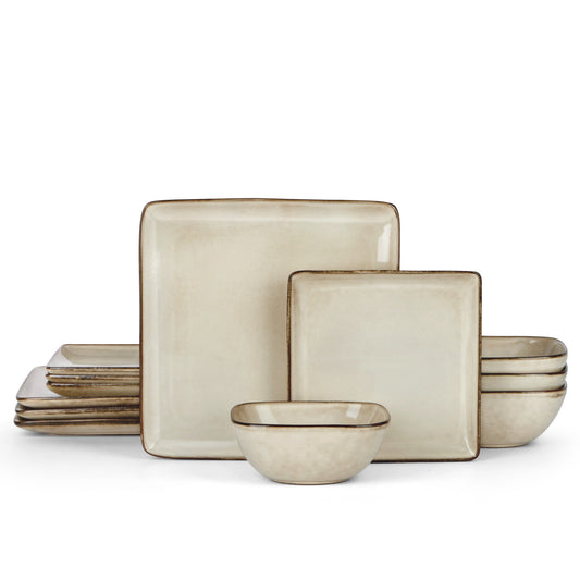 Vesteel 12 Pieces Square Dinnerware Sets, Ceramic Plates and Bowls Sets for 4, Handmade Reactive Glaze Dishes Set for Kitchen Dining, Microwave & Dishwasher Safe, Khaki