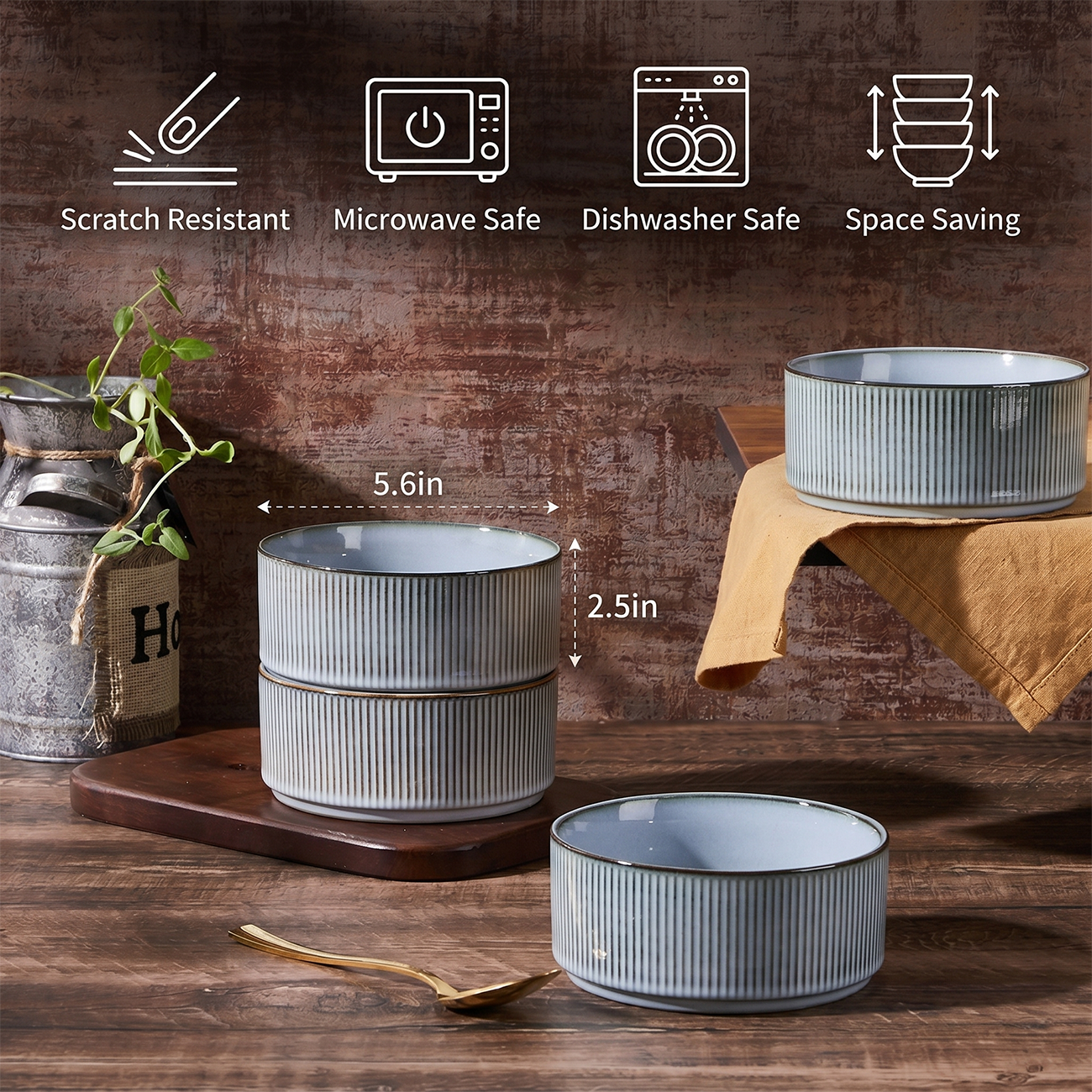 Vesteel Cereal Bowl for 4, 26oz Stoneware Soup Bowls with Textured Stripes, 4-Piece Ceramic Kitchen Bowls for Salad Fruit Pasta Soup, Dishwasher Safe & Microwave Safe, Smoky Blue