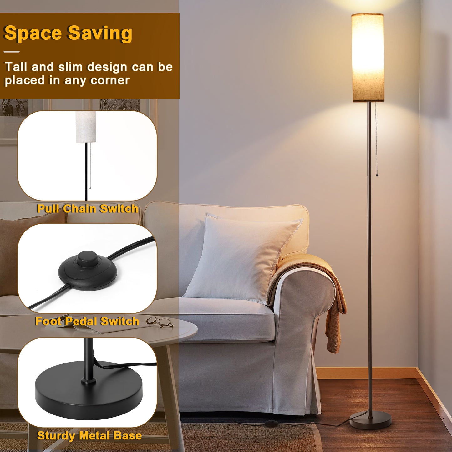 Vesteel Floor Lamp for Living Room, Modern Standing Lamp with 3 Color Temperatures LED Bulb & Linen Lampshade, Pole Lamp for Bedroom Living Room Office