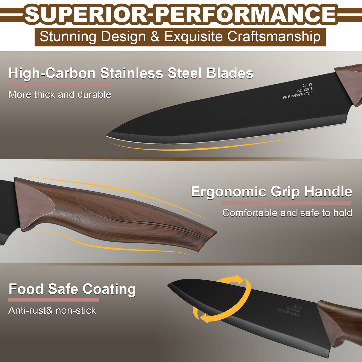 Vesteel Knife Set for Kitchen with Block, 15 Pcs Stainless Steel Kitchen Knives Set with Sharpener Kitchen Shears - Walnut Brown