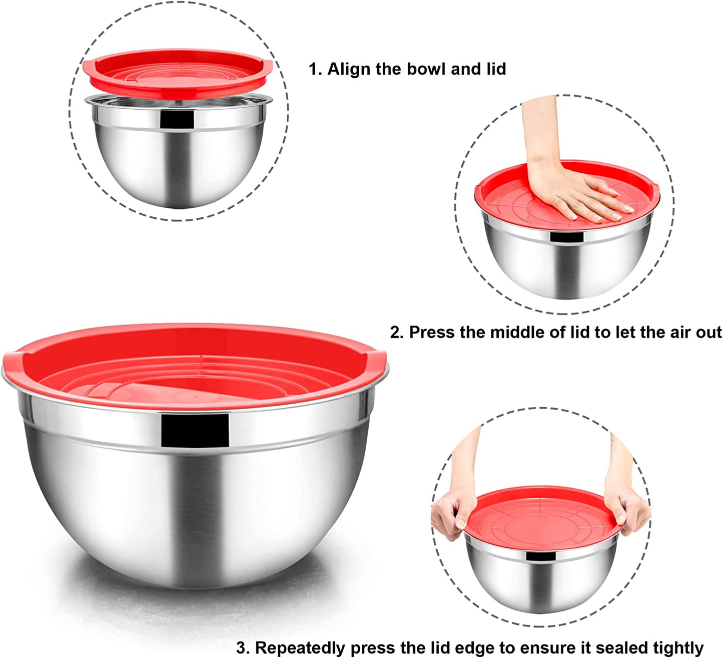 Vesteel 7 Pcs Stainless Steel Mixing Bowls, Metal Nesting Salad Bowls with Lids, 4.5/3.5/3/2.5/1.5/1.2/0.7 QT - Multi-Color