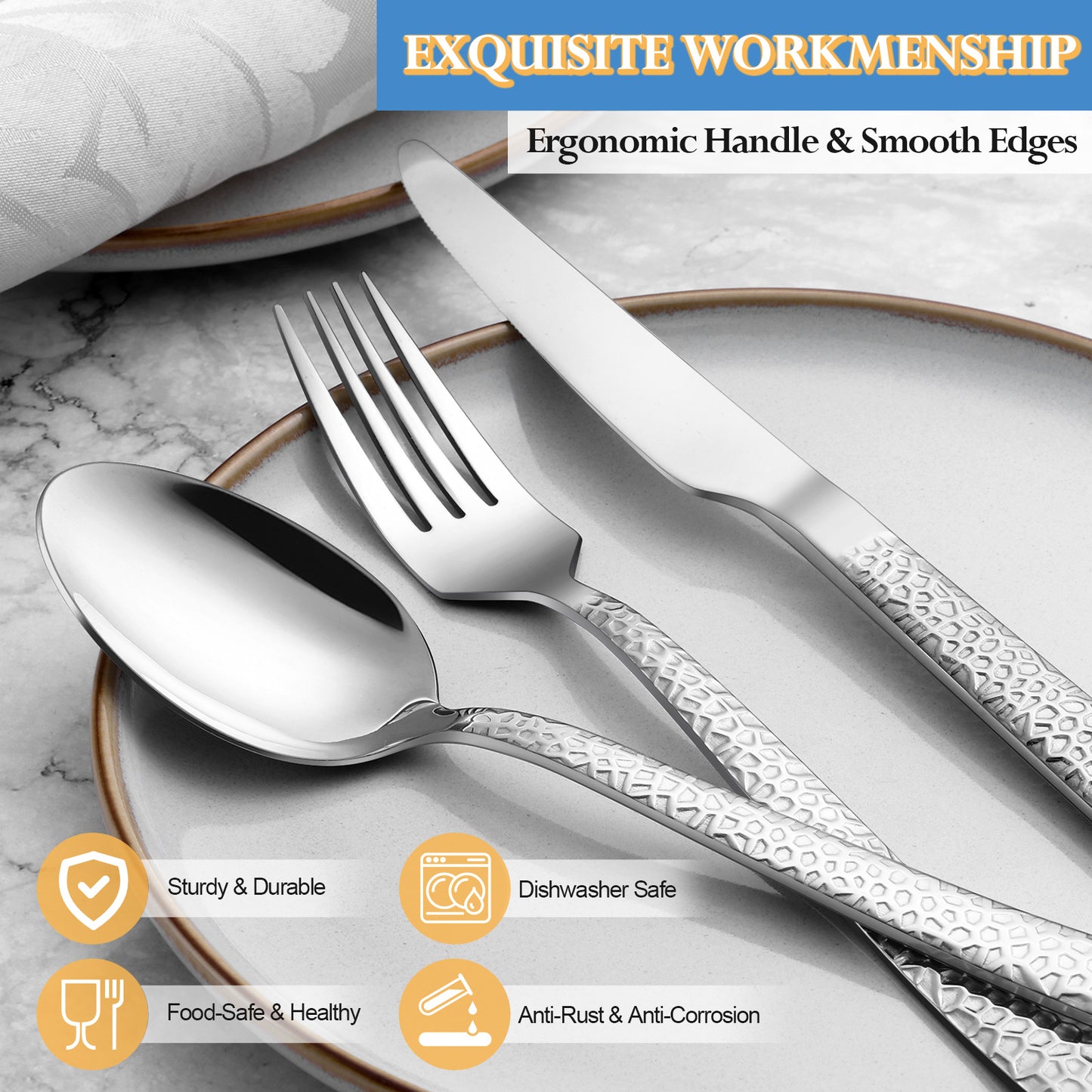Vesteel 20-Piece Hammered Silverware Set with 5 Serving Utensils, Stainless Steel Square Flatware Tableware Cutlery Set Service for 4, Heavy Duty & Dishwasher Safe