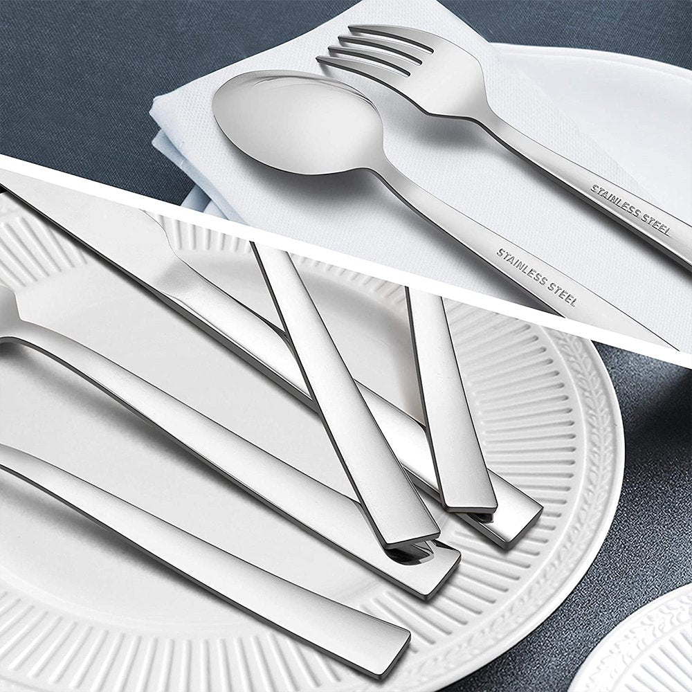 20-Piece Silverware Set, VeSteel Stainless Steel Flatware Set Service for 4, Modern Tableware Cutlery Set Includes Forks, Spoons, Knives, Square Edge & Mirror Finish, Dishwasher Safe