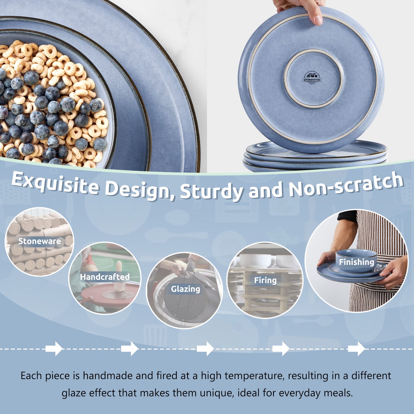 Onader 12 Piece Dinnerware Sets, Plates and Bowls Set for 4, Handmade Stoneware Dishes Sets for Home Restaurant, Dishwasher & Microwave Safe - Gray Blue