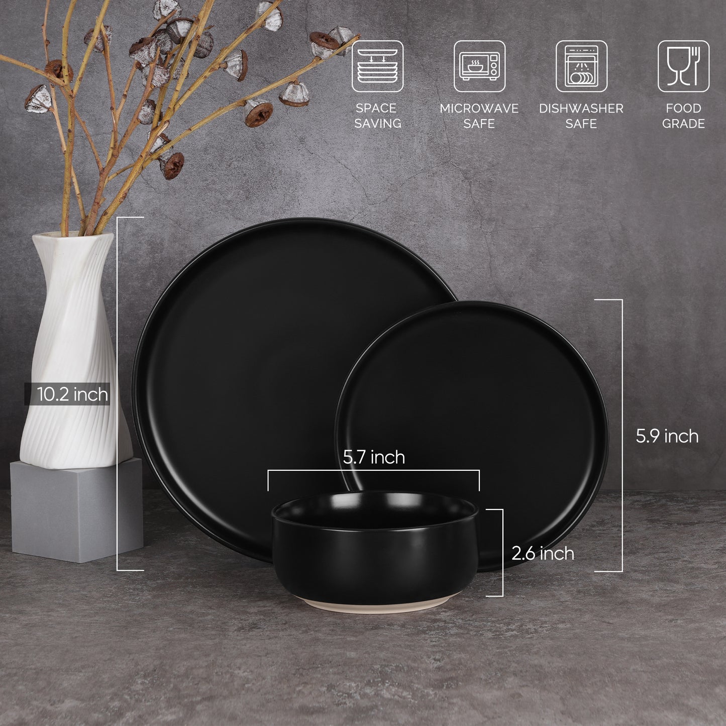 Vesteel 18-Piece Dinnerware set, Ceramic Plates and Bowls set for 6, Speckled Stoneware Dishes Set for Family, Microwave & Dishwasher Safe - Matte Black