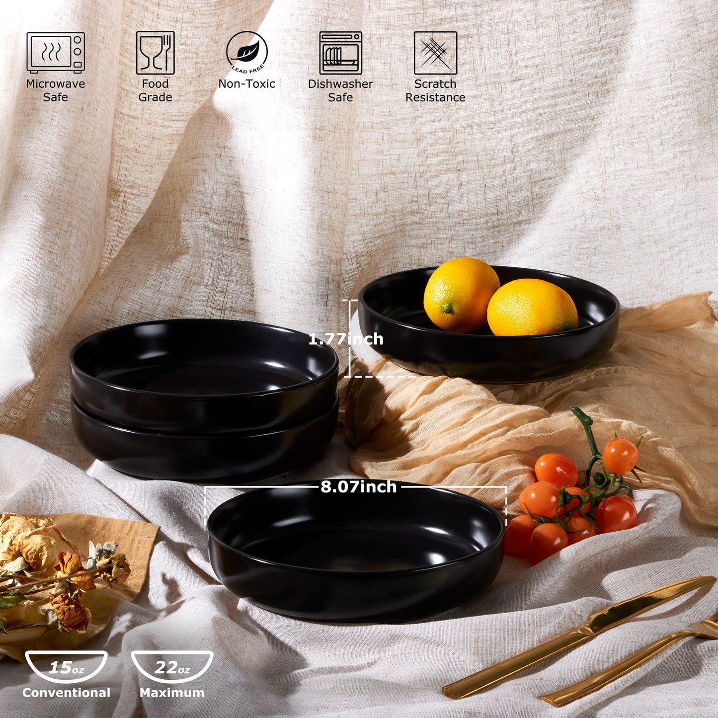 Vesteel Pasta Bowl Set of 4, 22oz Stoneware Salad Pasta Serving Bowls for Soup Dinner Cereal, Microwave & Dishwasher Safe, Matte Black