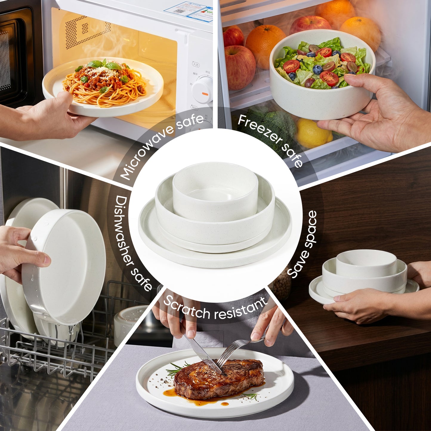 Onader 8-Piece Stoneware Dinnerware Set, Speckled Plates and Bowls Sets for the Kitchen, Microwave & Dishwasher Safe, Seashell White Speckle