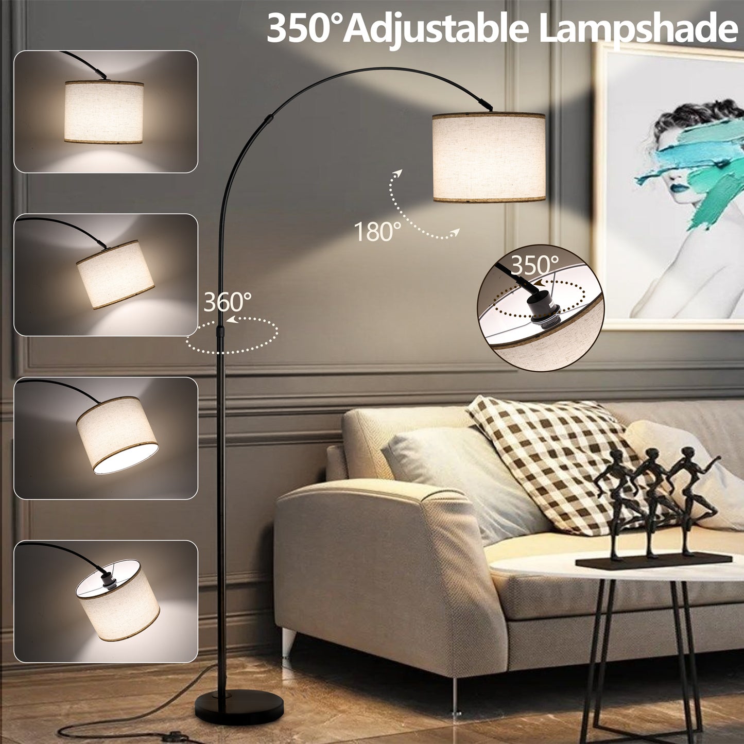 Vesteel Floor Lamp, Dimmable Tall Lamp 3 Color Temperature, Modern Standing Lamp with Adjustable Hanging Linen Shade, Stable Marble Base for Living Room Bedroom Office, Metal Body & Pedal Switch