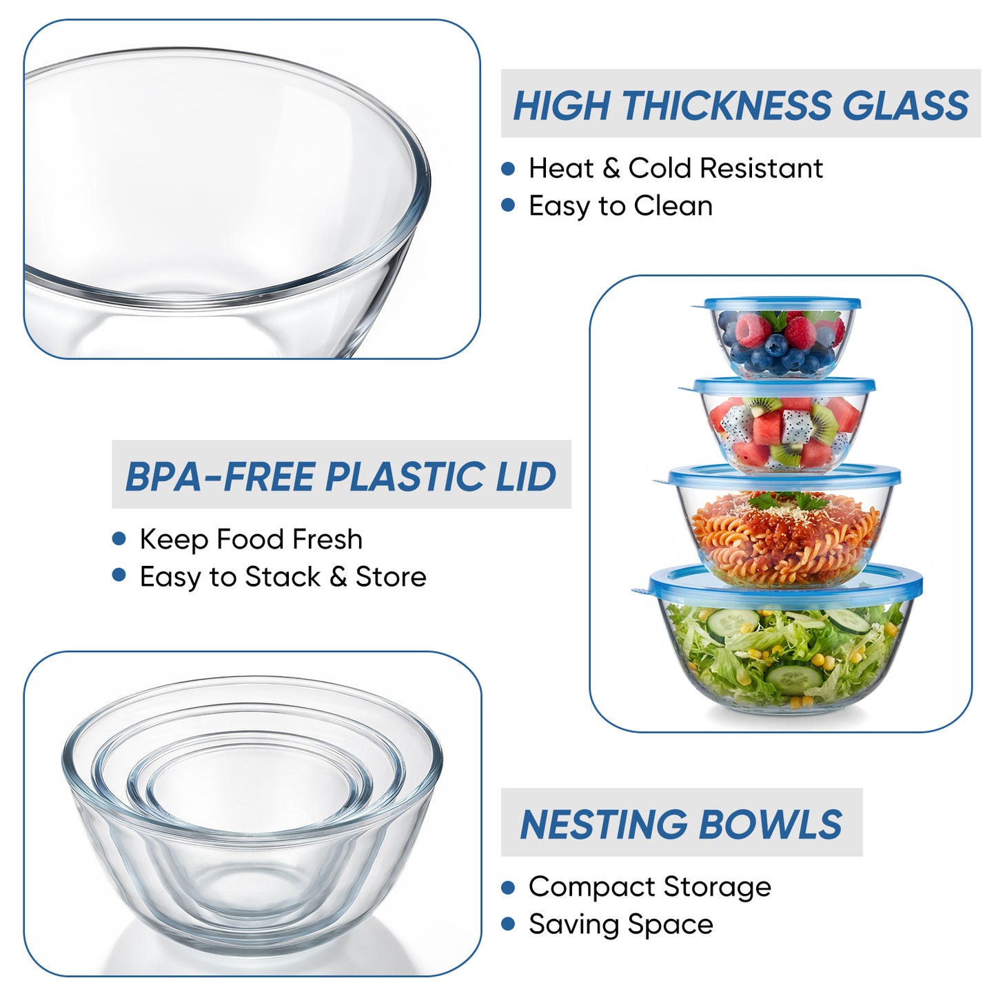 Vesteel Glass Mixing Bowls with Lids Set of 7(0.5QT, 0.8QT, 1.7QT, 2.9QT), Clear Salad Bowls with Egg Whisk Spatula Basting Brush, Nesting Food Prep Bowls for Baking Cooking Serving, Dishwasher Safe
