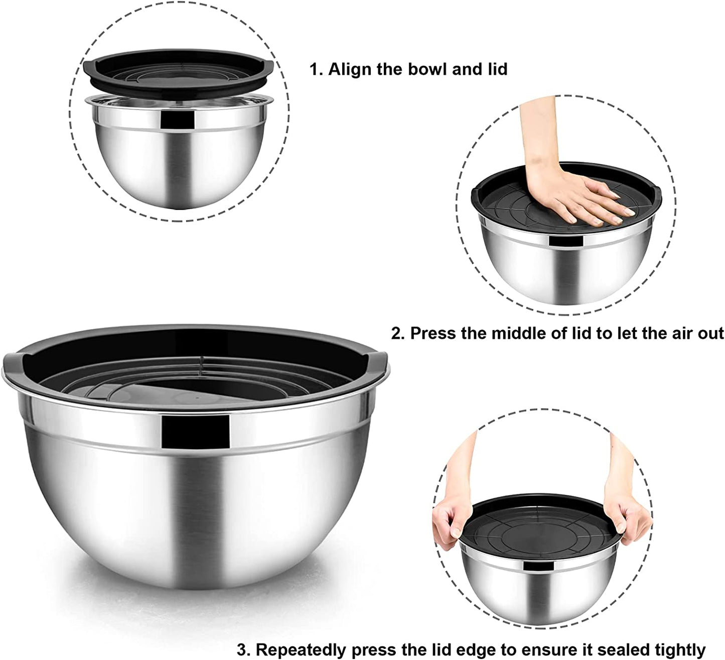Vesteel 7 PCS Stainless Steel Mixing Bowls, Metal Nesting Salad Bowls with Lids, 4.5/3.5/3/2.5/1.5/1.2/0.7 QT - Black