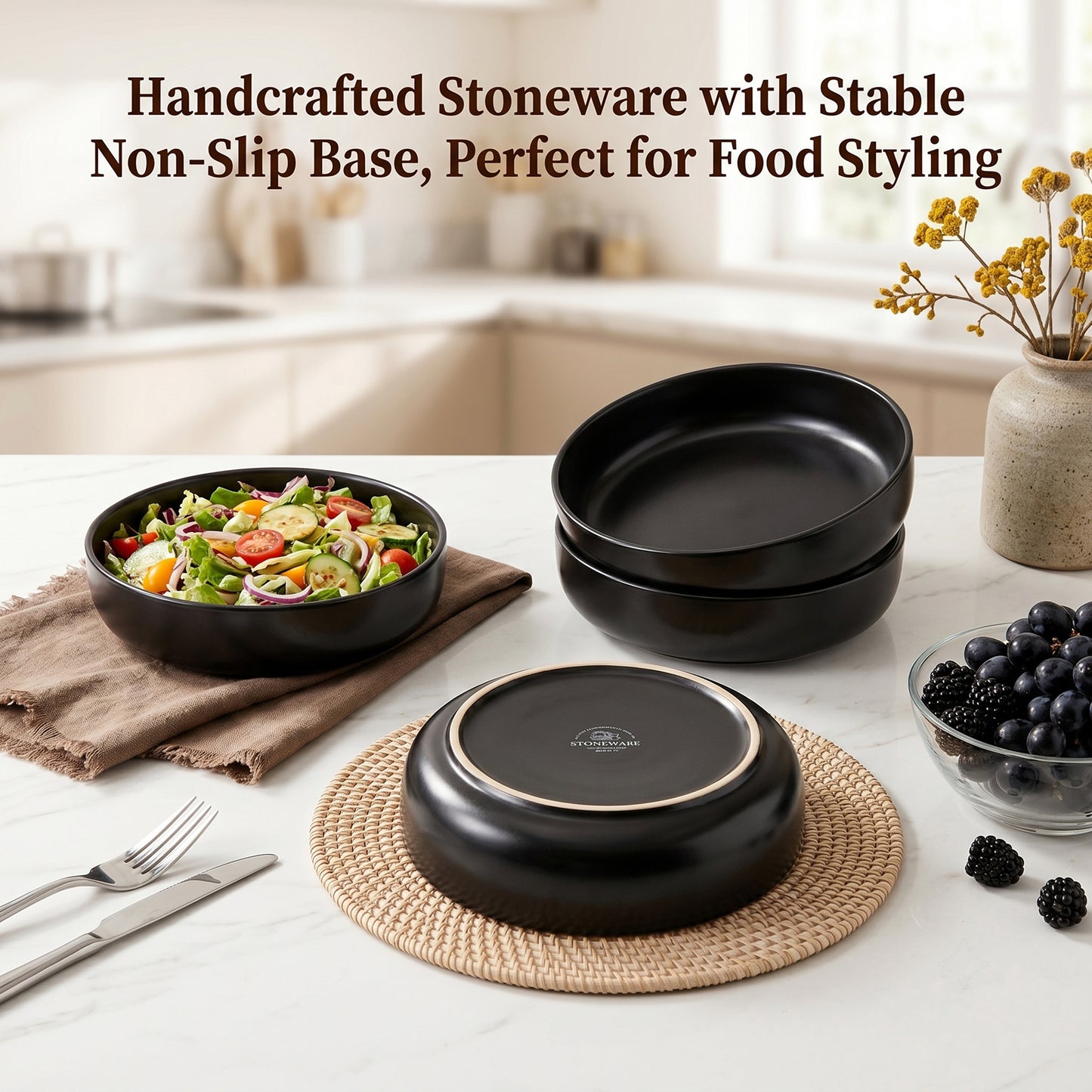 Onader Pasta Bowls Set of 4, 35oz Stoneware Large Pasta Bowls, Wide & Shallow Pasta Plates for Salad Soup Dessert, Microwave and Dishwasher Safe - Matte Black