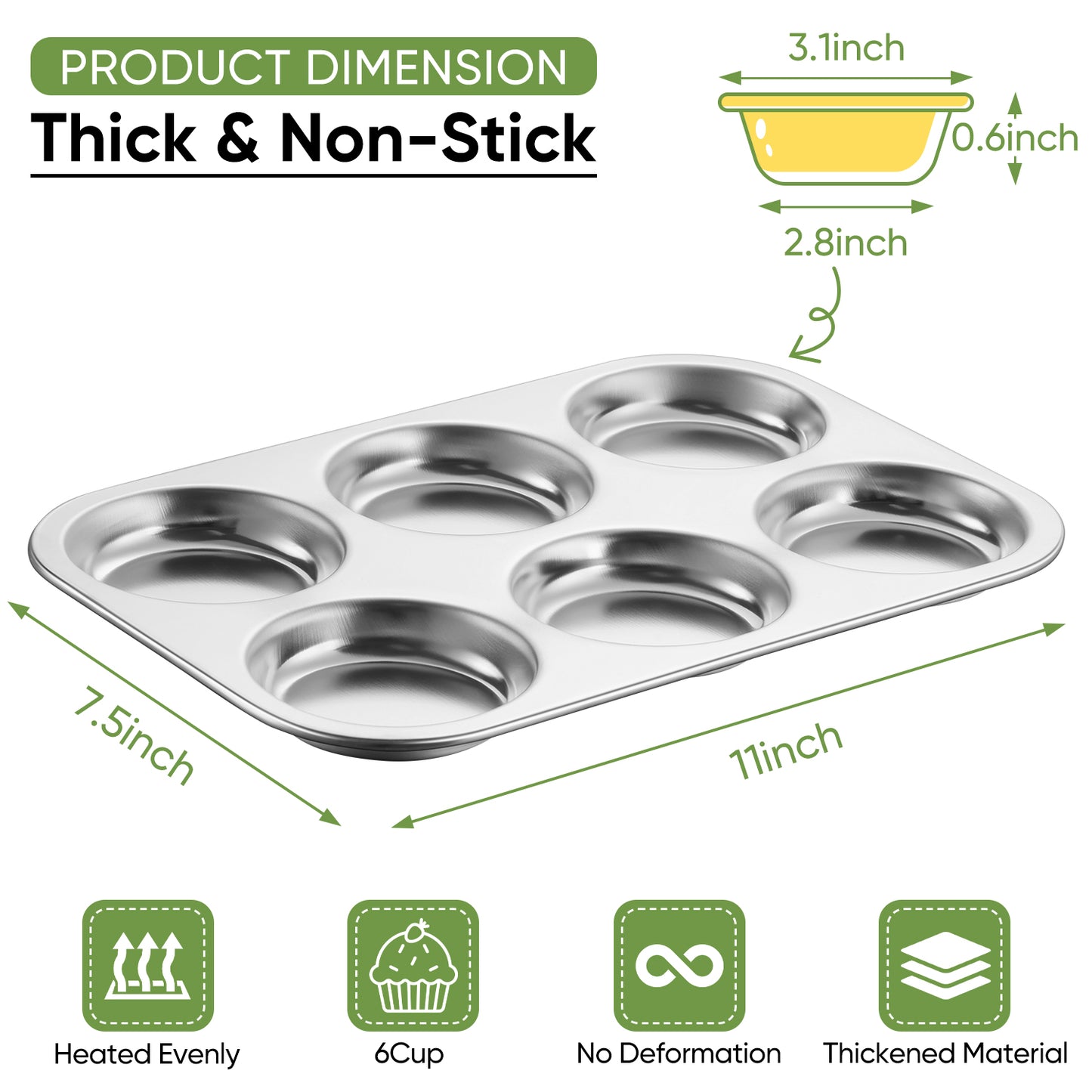 Vesteel 6-Cup Muffin Pan, Stainless Steel Cupcake Pan Metal Muffin Baking Tins for Oven, Non-toxic & Dishwasher Safe