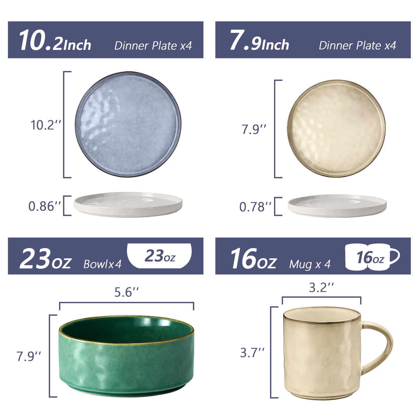 Vesteel 16-Piece Dinnerware Sets, Stoneware Dish and Bowls Set for 4, Handmade Reactive Glaze Coupe Plates Set, Chip & Scratch Resistant - Multi-Color