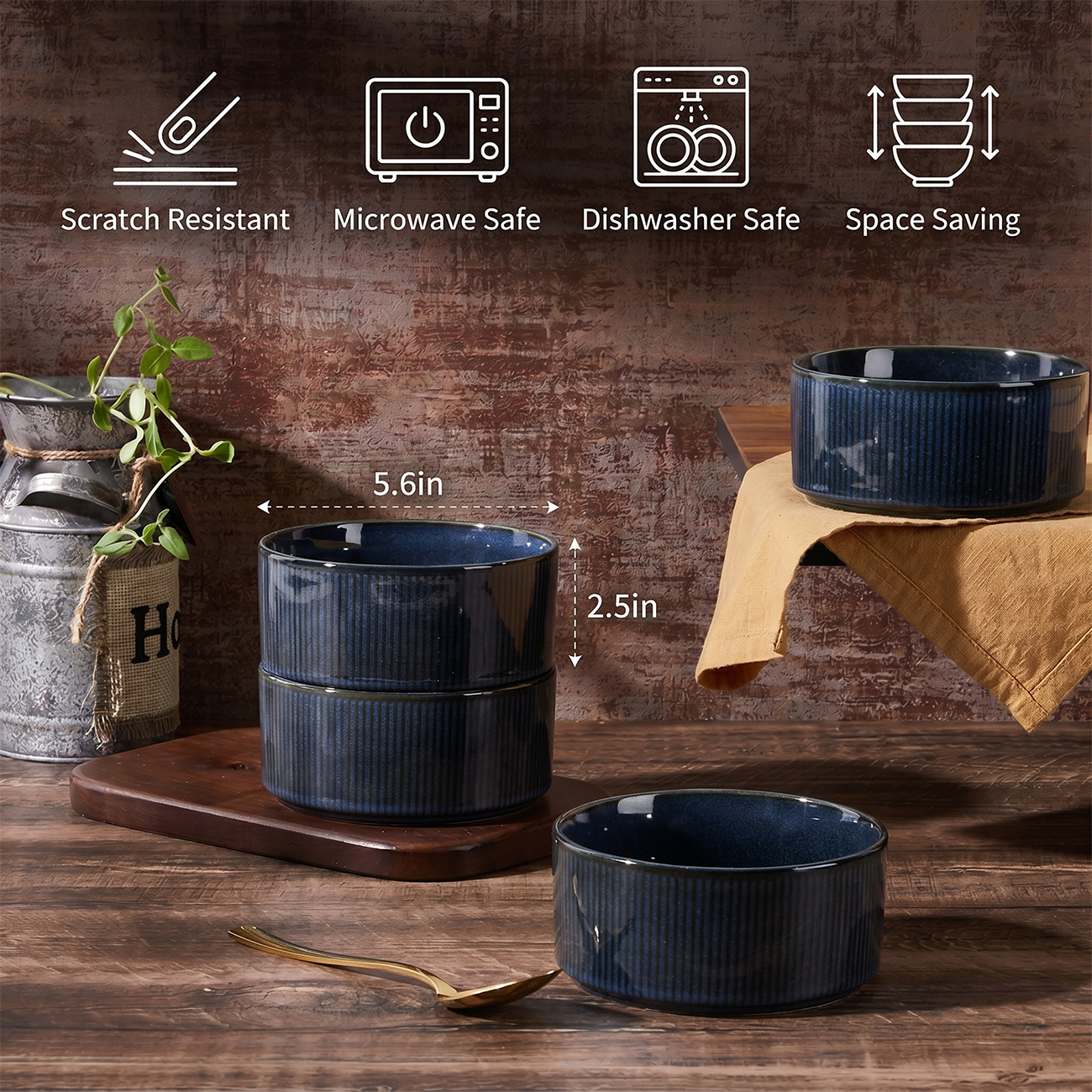 Vesteel Cereal Bowl for 4, 26oz Stoneware Soup Bowls with Textured Stripes, 4-Piece Ceramic Kitchen Bowls for Salad Fruit Pasta Soup, Dishwasher Safe & Microwave Safe, Ocean Blue