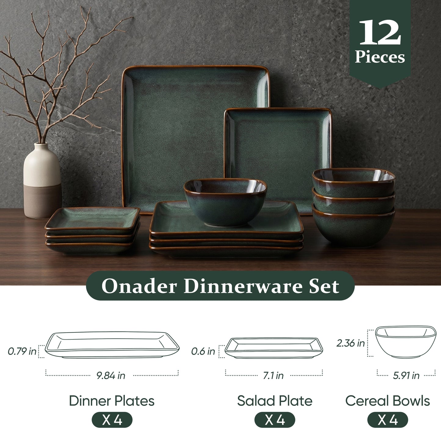 Onader 12 Piece Dinnerware Sets, Reactive Glaze Plates and Bowls Set for 4, Dishes Sets Serve for Steak Salad Soup, Scratch Resistant & Microwave Safe, Blackish Green