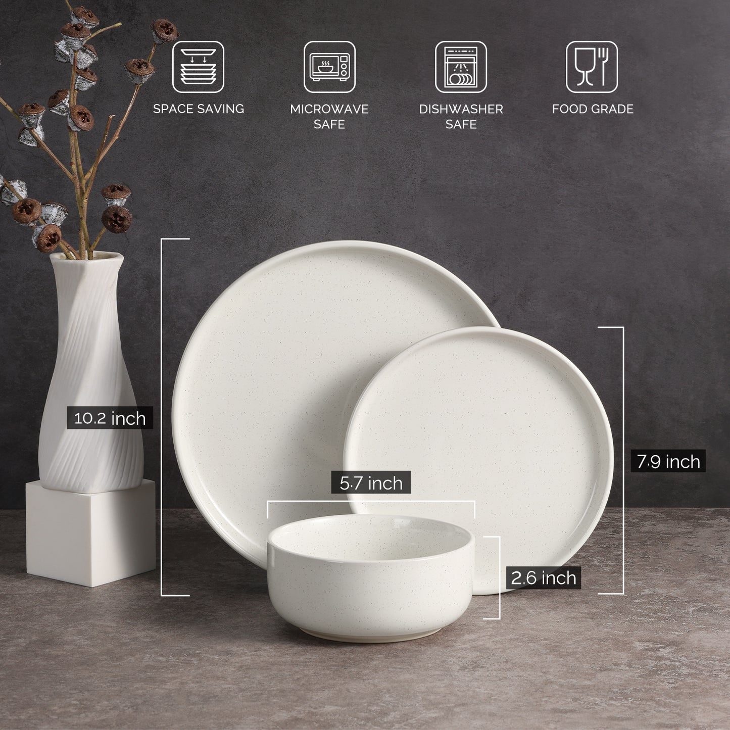 Vesteel 18-Piece Dinnerware set, Ceramic Plates and Bowls set for 6, Speckled Stoneware Dishes Set for Family, Microwave & Dishwasher Safe - Speckled White