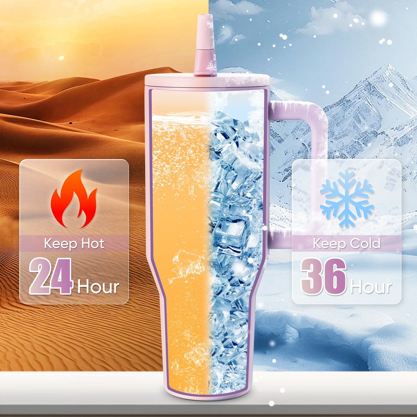 Vesteel 40 oz Stainless Steel Tumbler with Handle & Straw Lid, Vacuum Insulated Travel Mug, Leak Resistant Water Bottle for Water Ice Tea Coffee and Beverages, Gifts for Festival, Pink Sand