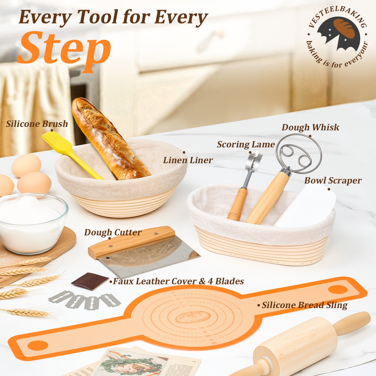 Vesteel Bread Proofing Basket Set, 9” Round and 10” Oval Banneton Bread Baking Baskets with Liner, Dough Baking Supplies Tools Included for Fermenting Baking