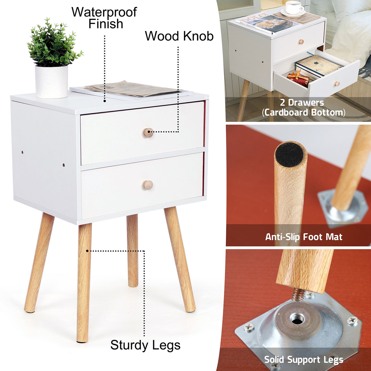 Vesteel 2 Drawer Nightstand, Modern End Table with 2 Drawers, White Bedside Furniture Dresser for Bedroom, Living Room